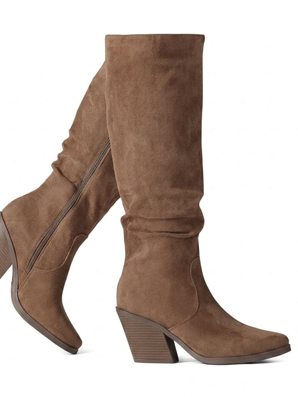 Women's Brown Faux Suede Boots Stacked Chunky Heel Boots Side Zipper Tall Boots